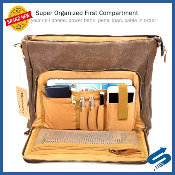 15.6 Inch Laptop Messenger Bag Waterproof Leather Briefcase 16 Pockets - Picture 5 of 6